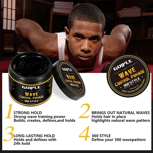 Men Wave Pomade Strong Hold Easy Wash 360 Wave Training Hair Cream, Waves Grease for Promotes Layered Waves Silky Durag Wave Cap