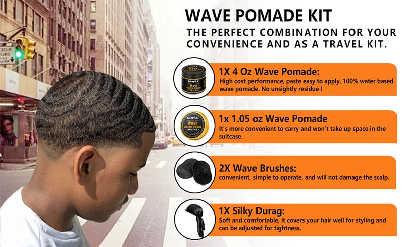 Men Wave Pomade Strong Hold Easy Wash 360 Wave Training Hair Cream, Waves Grease for Promotes Layered Waves Silky Durag Wave Cap